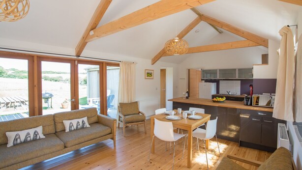 Un vaste espace de vie doté d’un plafond en bois, d’une table à manger avec des chaises, d’un canapé et d’un coin cuisine avec des placards et un plan de travail.