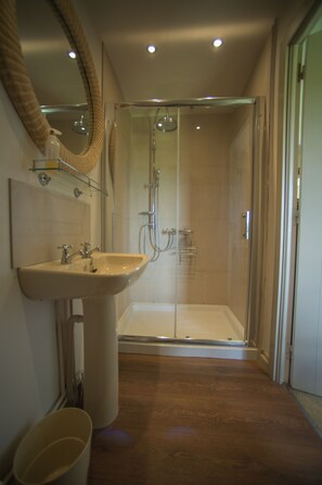 Combined shower/tub, hair dryer, towels