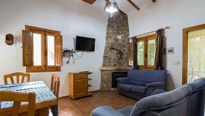 Un salon chaleureux avec une cheminée en pierre, des meubles en bois et un téléviseur fixé au mur.