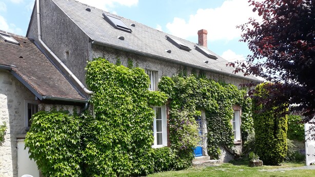 A stone house with ivy-covered walls, a sloped roof, and a small garden with potted plants. - Gîte Suzanne, in Essonne Verte, near Milly la Forêt (Brouy)