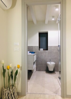 Douche, séchoir à cheveux, bidet, serviettes fournies