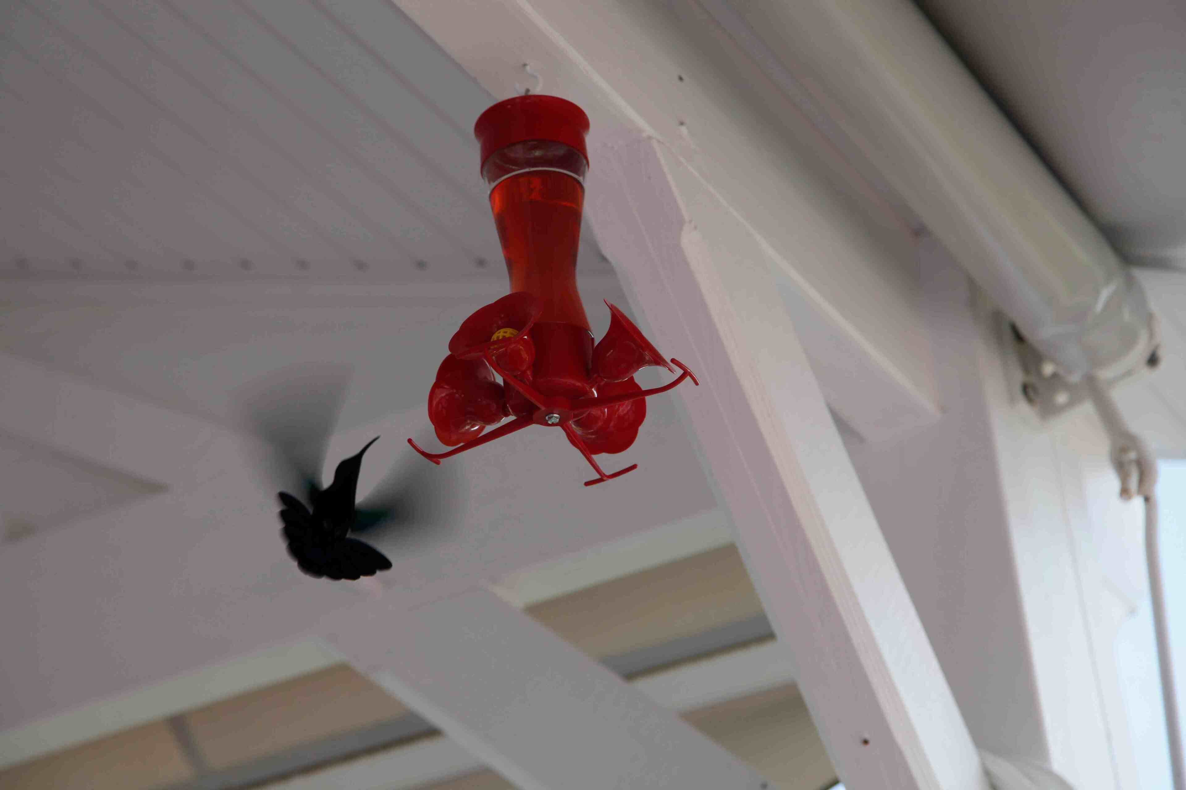 A ceiling with a red object hanging from it.