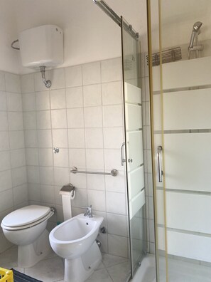 Chuveiro, secador de cabelo, bidê, toalhas de banho