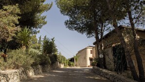 Un camino de grava estrecho que conduce a un edificio, con un muro de piedra a un lado y un sendero arbolado al otro.