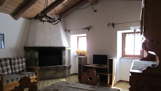 Ein gemütliches Zimmer mit Kamin, Fernseher und einem hölzernen Bett.