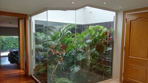 A corner room with a glass partition featuring a variety of indoor plants.