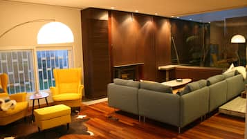 Älytelevisio, takka, pöytätennispöytä, kirjoja