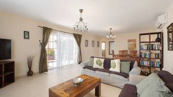 Televisio, DVD-soitin, kirjoja, musiikkikirjasto