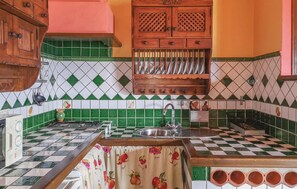 Fridge, microwave, stovetop, cookware/dishes/utensils