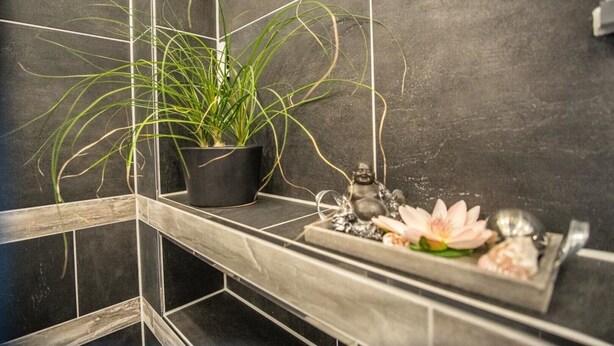 A bathroom with a black tiled wall, a potted plant, and a decorative tray with a lotus flower and a Buddha statue. - Modern & TOP-equipped apartment (up to 6 pers.) + Netflix + bicycle garage (Uhldingen/Mühlhofen)