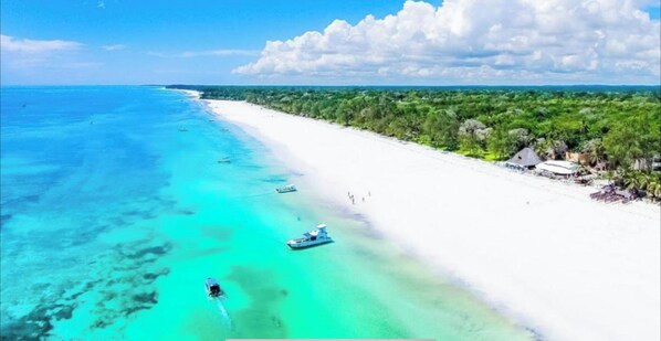 Una playa con agua turquesa cristalina, arena blanca y una hilera de árboles y edificios a lo largo de la costa.