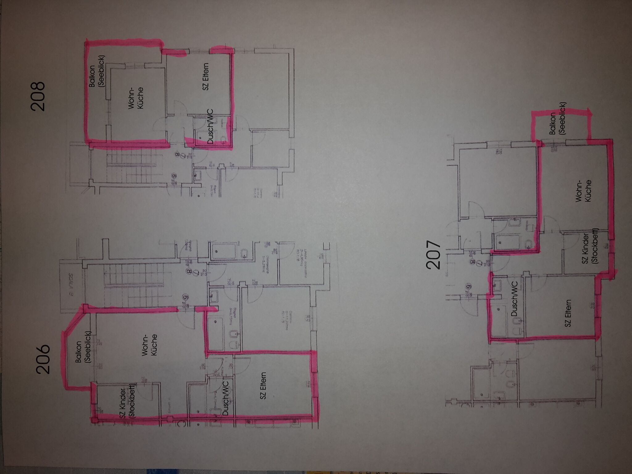 Floor plans of hotel rooms numbered 206 and 207, including living areas, bathrooms, and balconies.