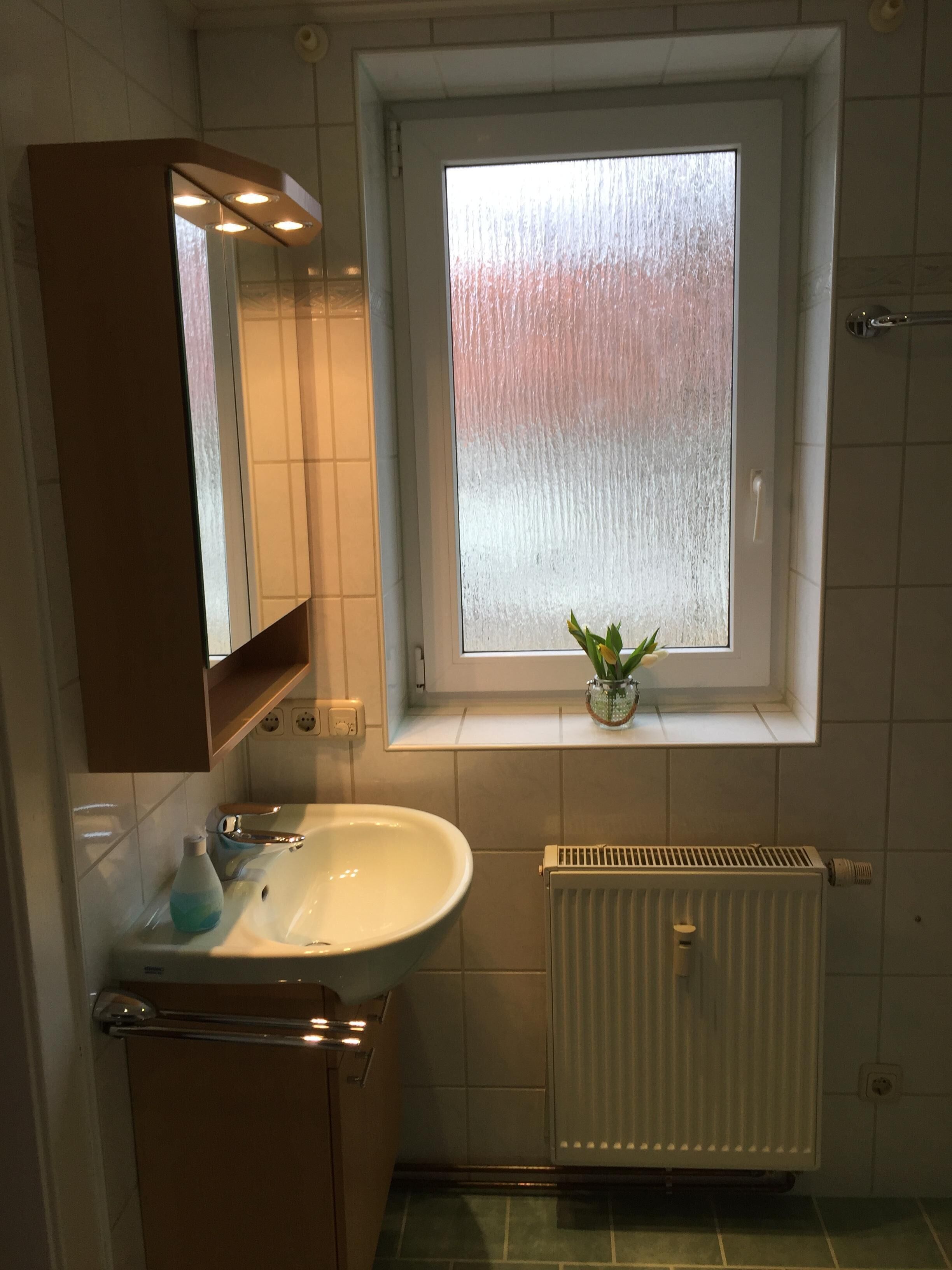 A bathroom with a white sink, a mirror, a window with frosted glass, and a radiator.