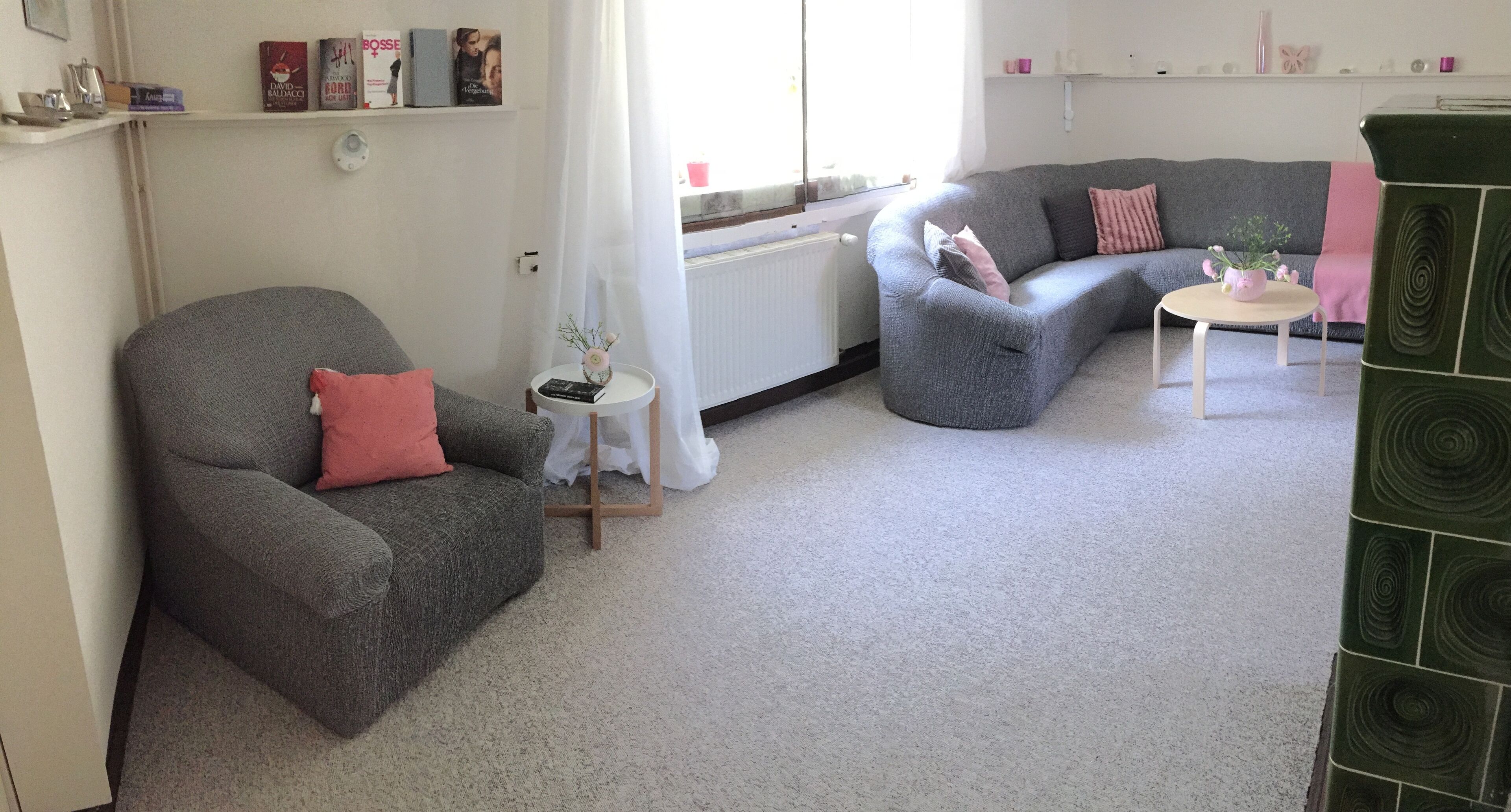 TV, fireplace, books, stereo