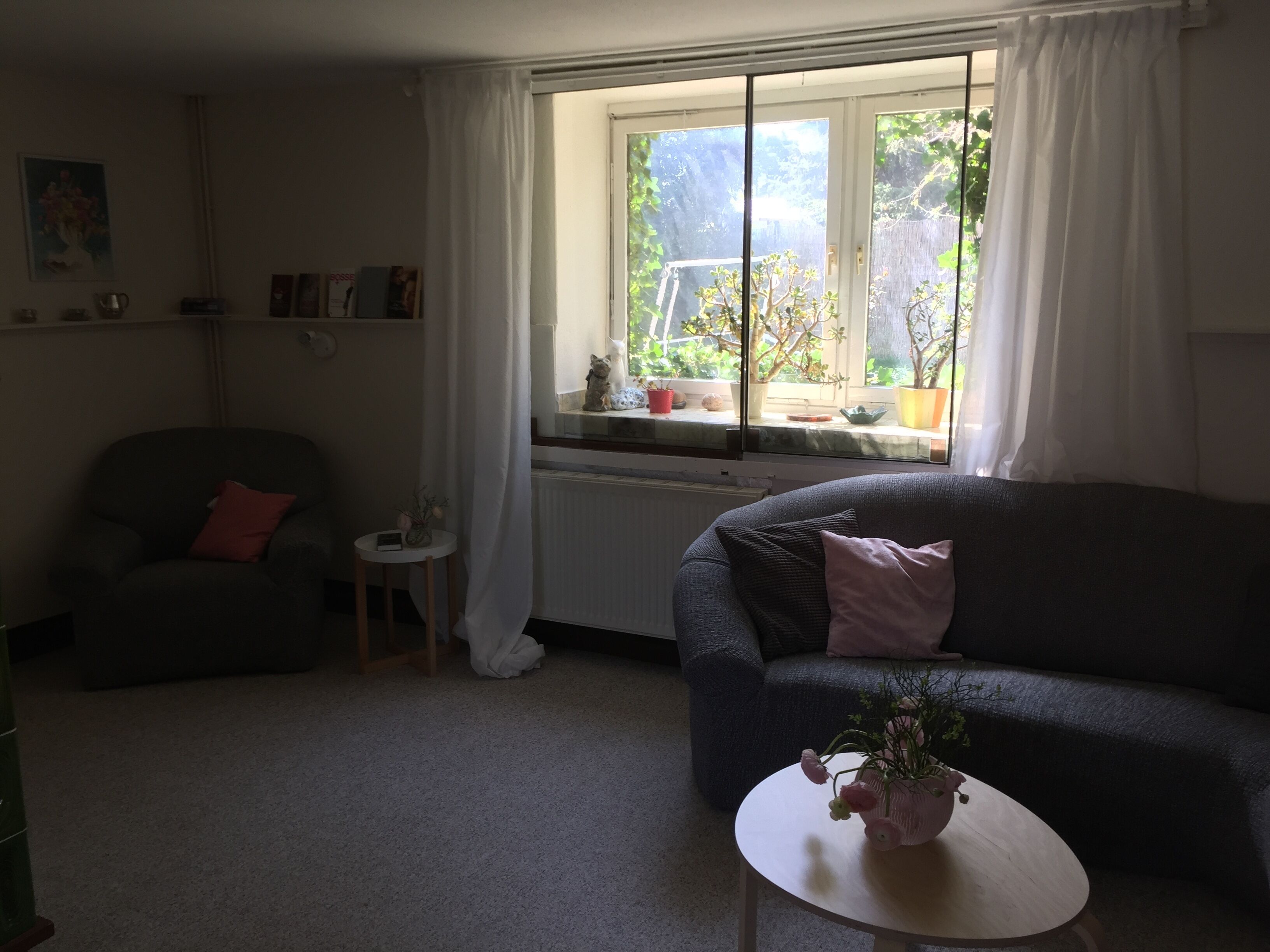 TV, fireplace, books, stereo