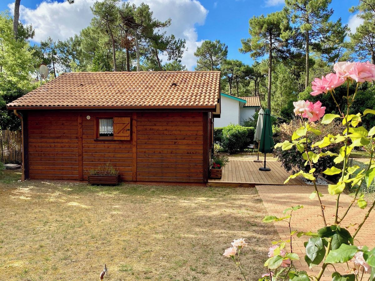 Une cabane en bois avec un toit en tuiles, entourée d’une cour verdoyante et d’arbres.