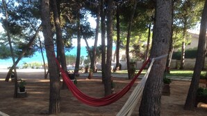 Eine Hängematze zwischen Bäumen in einem Park mit Blick auf einen Strand und ein Gebäude im Hintergrund.