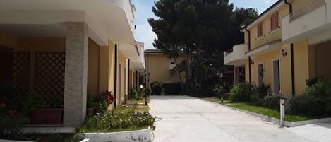 A residential street with houses, a clear sky, and a large tree.