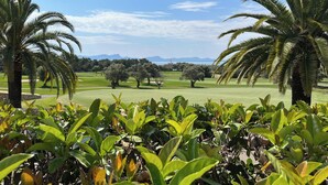 Un campo de golf con palmeras y vegetación exuberante.
