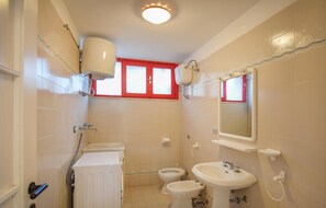 Features a pedestal sink, toilet, bidet, and small window.