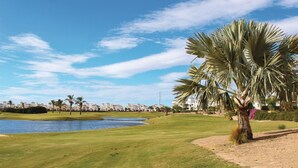 Un campo de golf con un cuerpo de agua, palmeras y un cielo azul despejado.