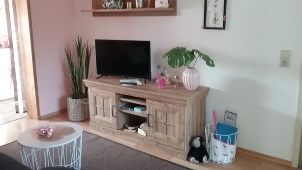 A living room with a TV on a wooden stand, a potted plant, a small table, and a shelf with decorative items. - Holiday house, Martha``am Szczecin Lagoon / Meck / Pom / Ueckermünde-Bellin (Ueckermünde)