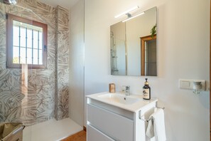 Combined shower/tub, hair dryer, bidet, towels