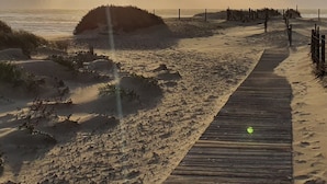 Una pasarela de madera serpentea a lo largo de una playa arenosa, con dunas y una colina pequeña en la distancia.