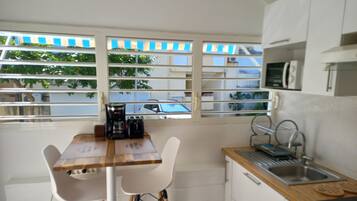 Microwave, stovetop, coffee/tea maker, toaster