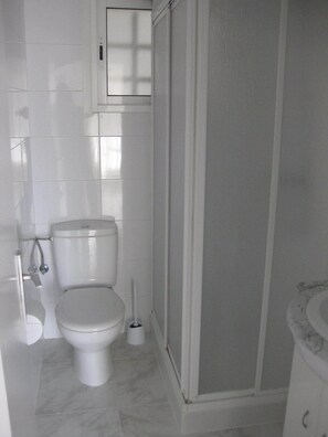 Une salle de bain comprenant des toilettes, un bidet et un espace douche.