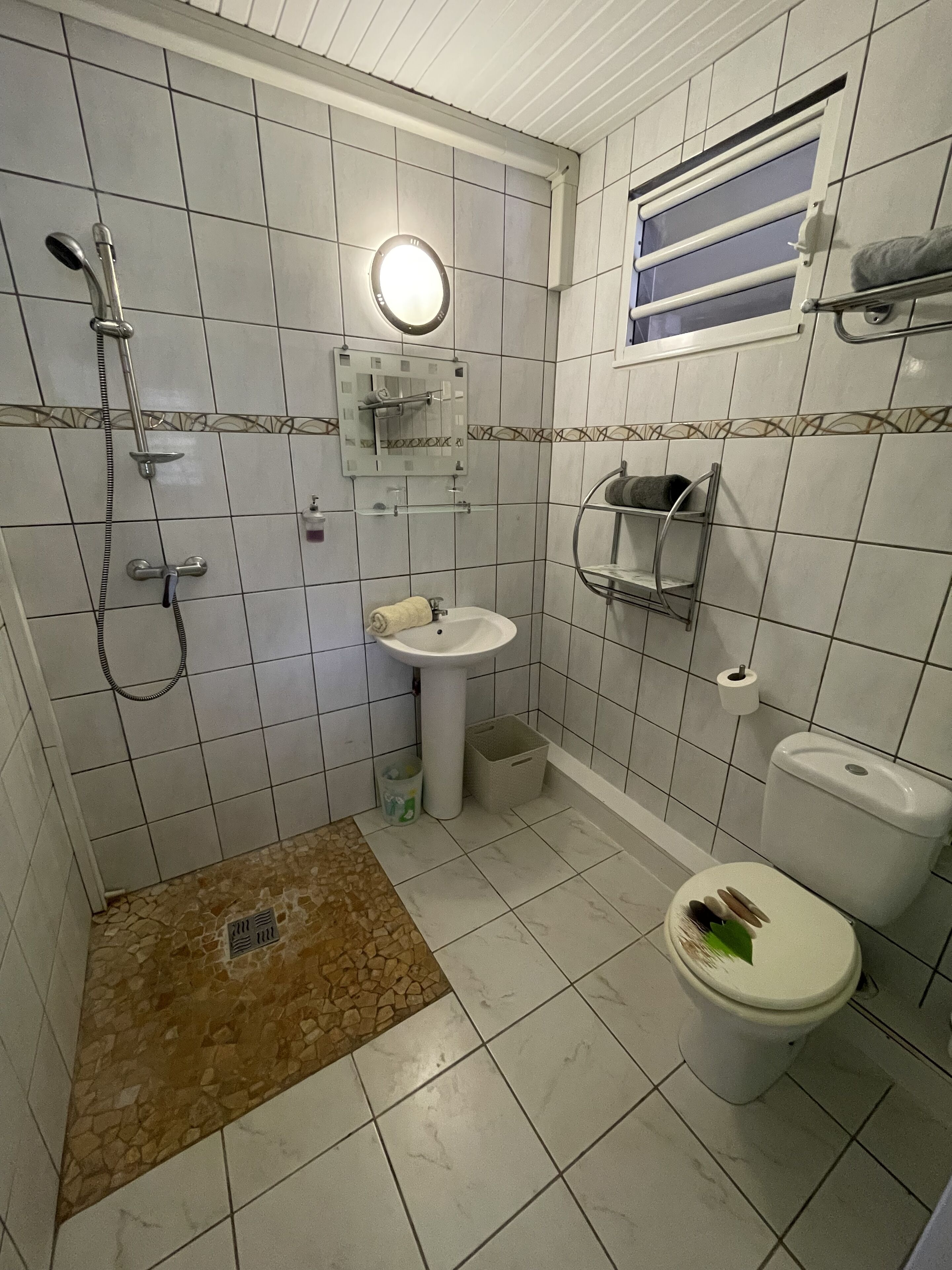Une salle de bain avec une douche, un lavabo, des toilettes et une petite fenêtre.
