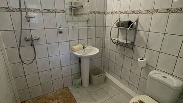 Une salle de bain avec une douche, un lavabo, des toilettes et une petite fenêtre.