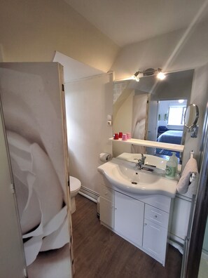 Dusche, Haartrockner, Handtücher, Toilettenpapier