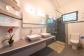 Douche, séchoir à cheveux, serviettes fournies, papier de toilette