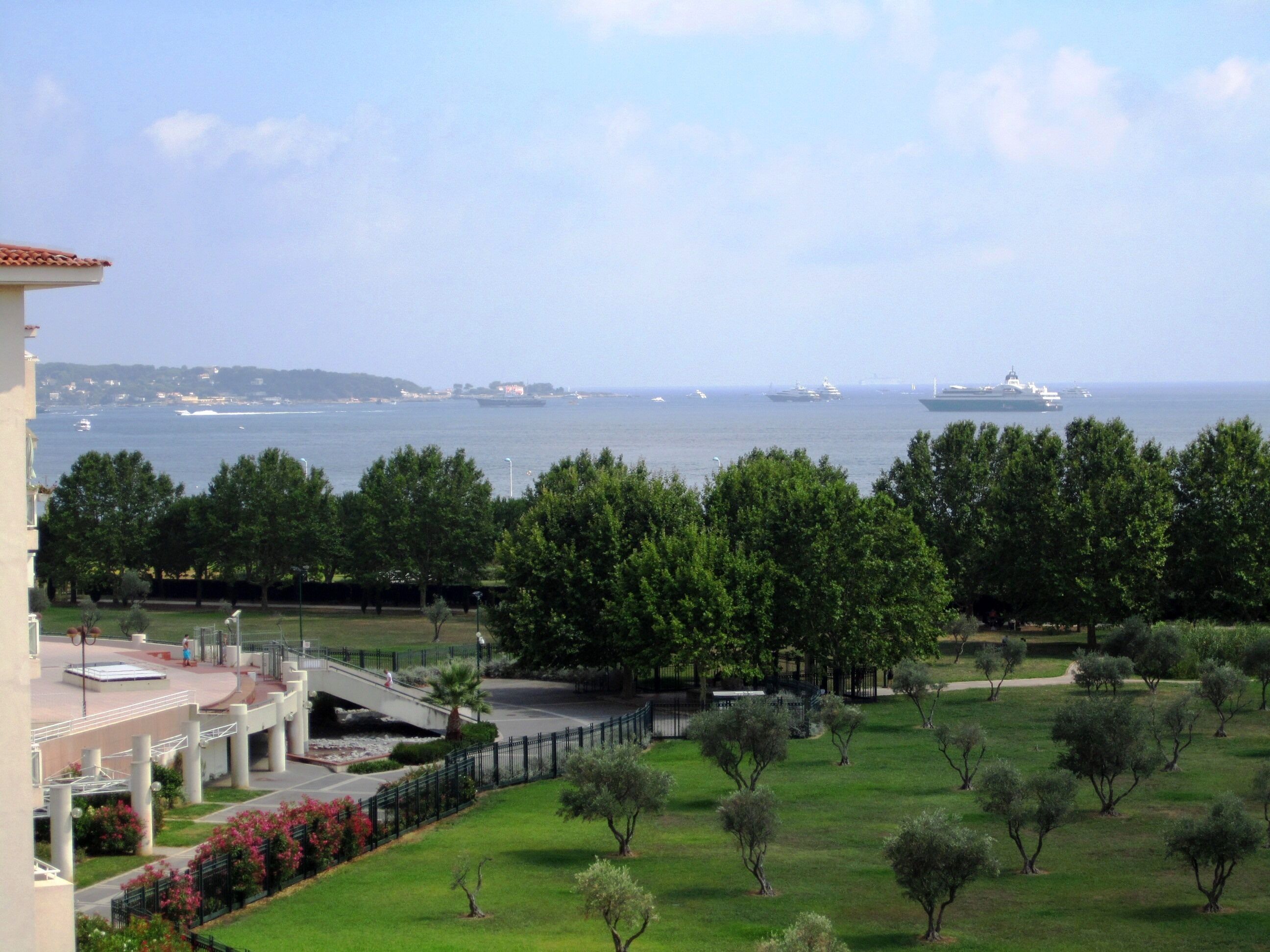 A coastal view with a bridge, greenery, and a body of water with ships.
