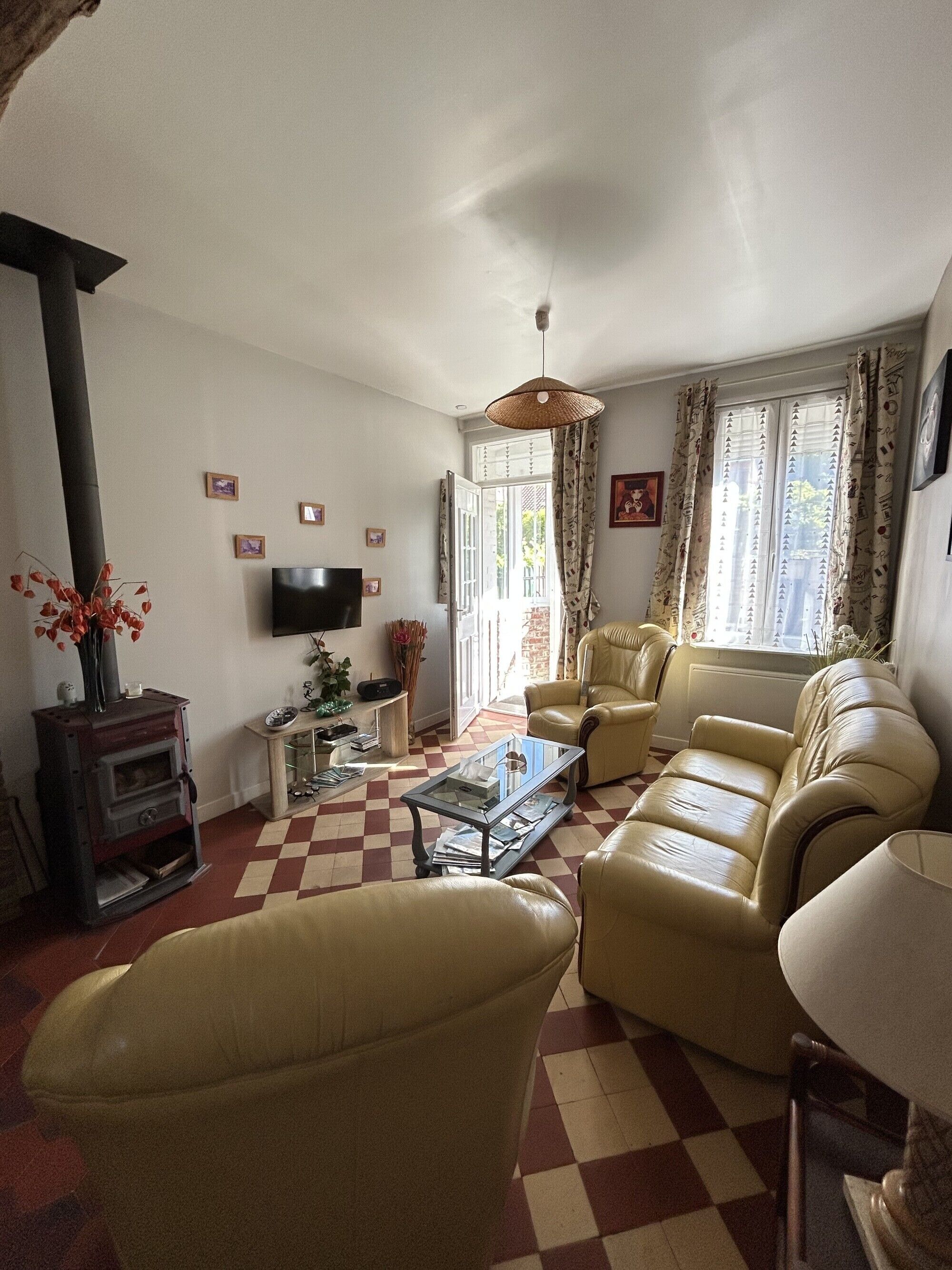 TV, fireplace, books, music library