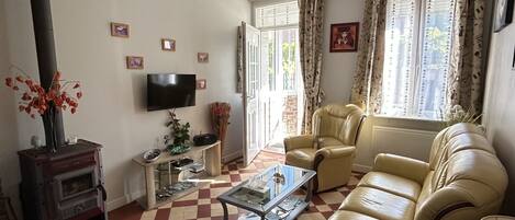 TV, fireplace, books, music library