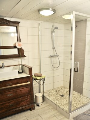 Shower, hair dryer, towels, toilet paper