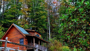 A log cabin with a porch and a wooden deck, surrounded by dense forest and autumn foliage. - Deer Country Vacation Cabins #4 - Long Range View, Dogs Friendly (Waynesville)