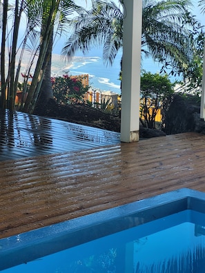 A swimming pool with a wooden deck and palm trees in the background.