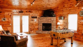 TV, fireplace, DVD player, table football