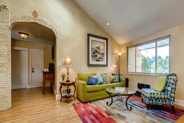 TV, fireplace, books, video library