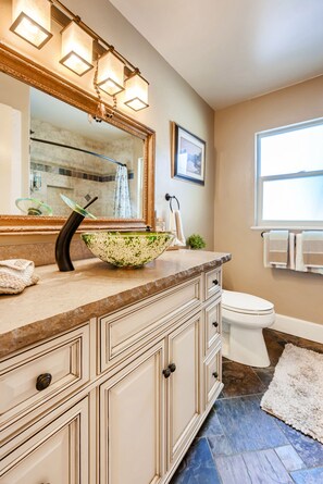 Hair dryer, towels, soap, shampoo