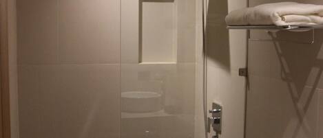 A modern bathroom with a glass-enclosed shower, a toilet, and a sink.