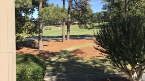 Un parcours de golf bordé d’arbres, avec un ciel dégagé et une pelouse bien entretenue.