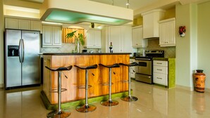 A modern kitchen with a central island, stainless steel appliances, and bar stools. - LARGE BEAUTIFUL CONDO SUITE 2B/2B IN LAKE ARENAL (Tilaran)