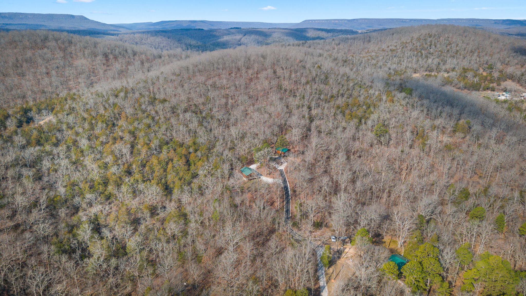 An aerial view of a forested area with a small cabin and a dirt path leading to it.