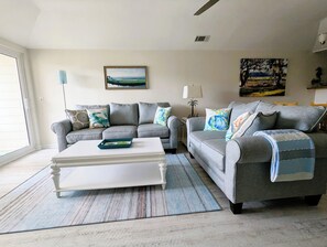 Smart TV, chimenea, libros y biblioteca musical 