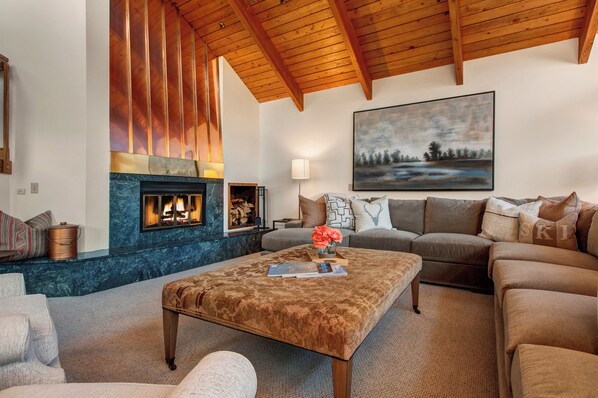 Una televisión, una chimenea, un reproductor de DVD