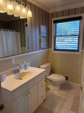 Un baño con lavamanos, inodoro y tocador blancos. Cuenta con una ventana con persianas, cortina de ducha y un espejo con luces sobre el lavamanos.
